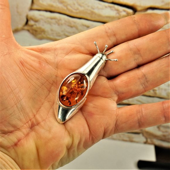 BALTIC AMBER 925 SILVER SNAIL BROOCH, RARE TO FIND JEWELRY, GIFT FOR WOMEN - Picture 9 of 10